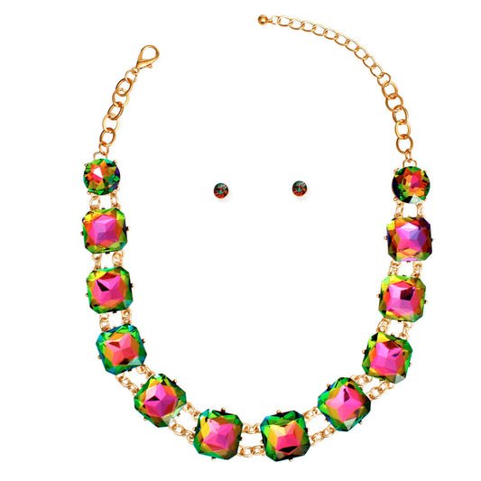 Necklace Pink Green Crystal Link Set for Women