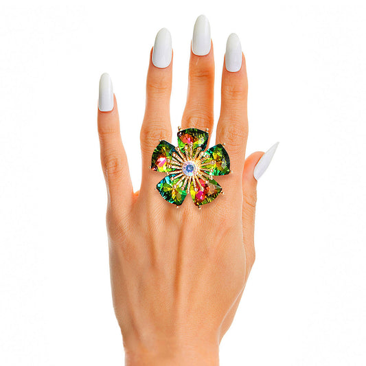 Pink Green Daisy Crystal Ring