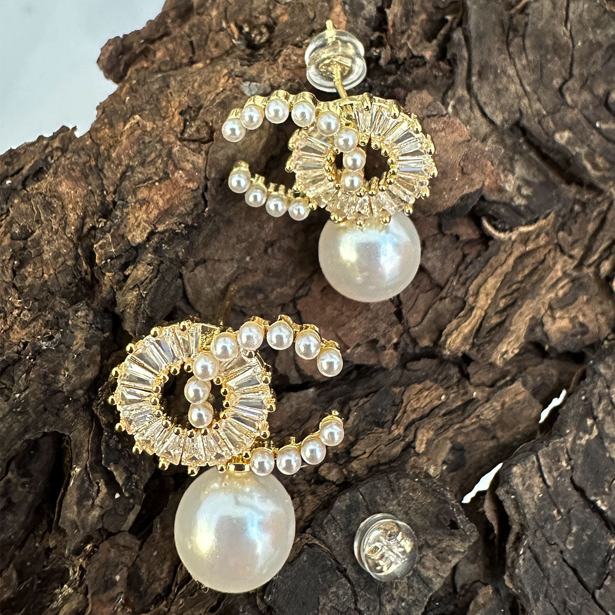 14K Gold CZ Drop Pearl Earrings