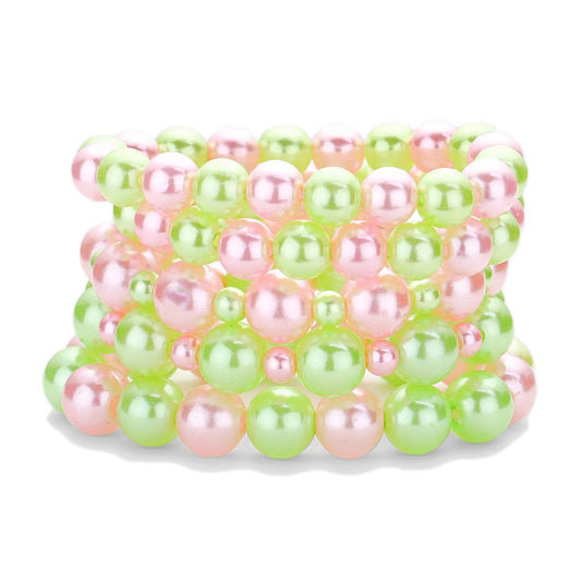 Pink and Green Pearl 5 Pc Bracelets