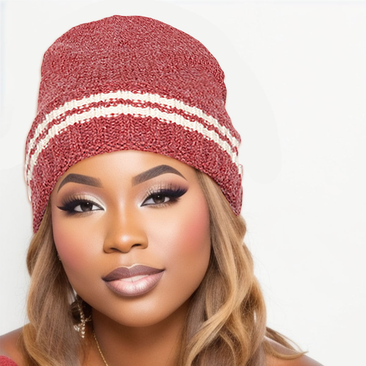 Red Stripe Knit Cuff Beanie