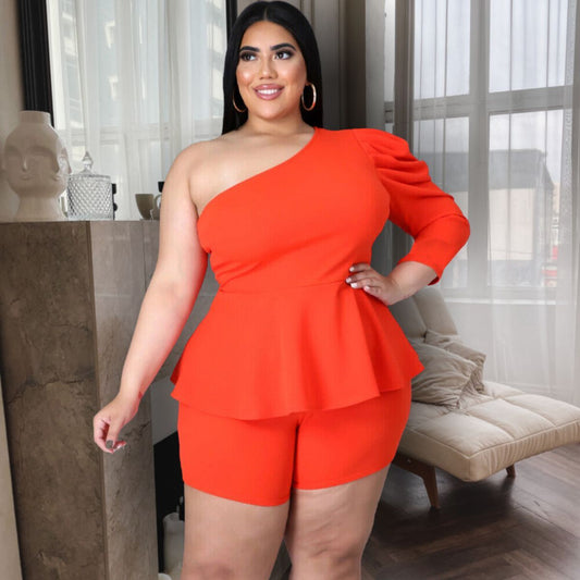 Dark Coral 2XL Peplum Top Shorts Set