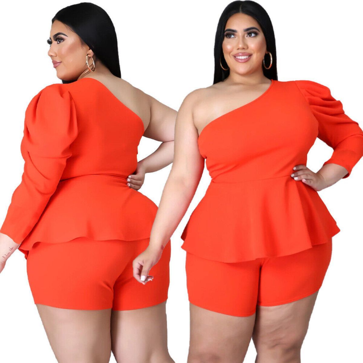 Dark Coral 4XL Peplum Top Shorts Set