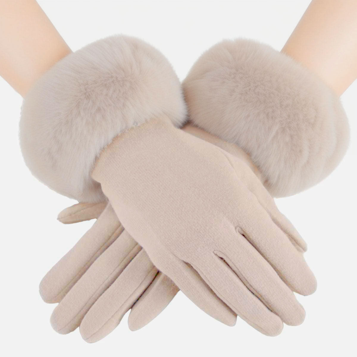 Gloves Beige Fur Trim Winter Gloves for Women